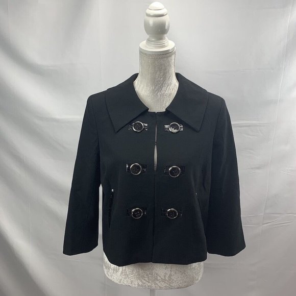Black Double Breasted Look Blazer Coat Patent Accents Petite Chaus size 10P - Picture 1 of 8